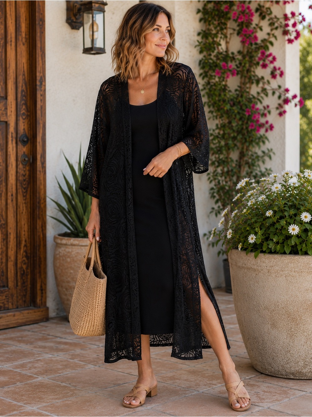Agnes & Dora Mesh Duster Black Floral Sheer Long Kimono NWT L
